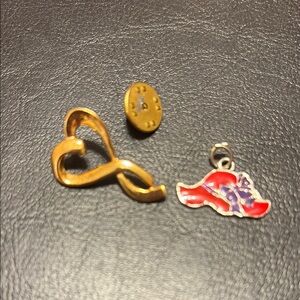 Gold Heart Pin and Red Hat Charm Set